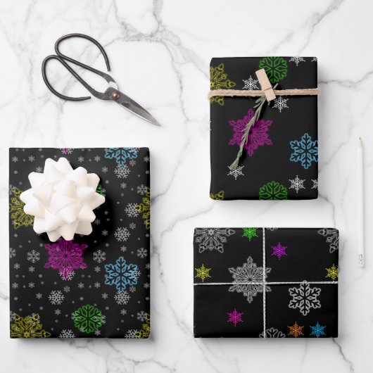Black Snowflake Wrapping Paper Set Geschenkpapier Set (Vorderseite)