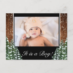 Black Snowy Wood & Forest Baby Boy Birth Foto Ankündigungspostkarte