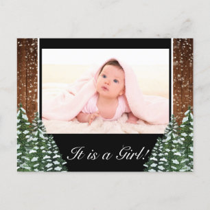 Black Snowy Wood & Forest Baby Girl Foto Birth Ankündigungspostkarte