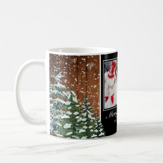 Black Snowy Wood & Forest Frohe Weihnachts-Foto Kaffeetasse (Links)
