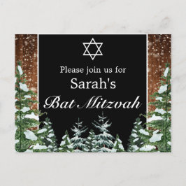 Black Snowy Wood & Forest Pine Bar Bat Mitzvah Ankündigungspostkarte