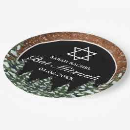 Black Snowy Wood & Forest Pine Bar Bat Mitzvah Pappteller