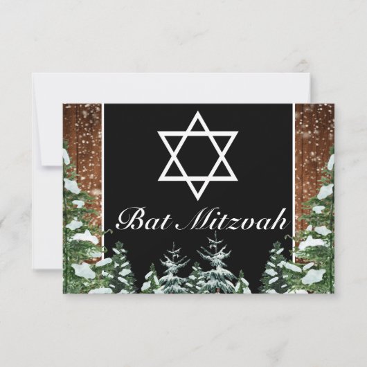 Black Snowy Wood & Forest Pine Bar Bat Mitzvah RSVP Karte (Vorderseite)
