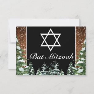 Black Snowy Wood & Forest Pine Bar Bat Mitzvah RSVP Karte