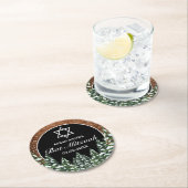 Black Snowy Wood & Forest Pine Bar Bat Mitzvah Runder Pappuntersetzer (Vor Ort)