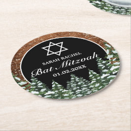 Black Snowy Wood & Forest Pine Bar Bat Mitzvah Runder Pappuntersetzer
