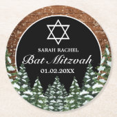 Black Snowy Wood & Forest Pine Bar Bat Mitzvah Runder Pappuntersetzer (Vorderseite)