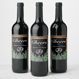 Black Snowy Wood & Forest Pine Cheers Hochzeit Weinetikett
