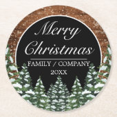 Black Snowy Wood & Forest Pine Frohe Weihnachten Runder Pappuntersetzer (Vorderseite)