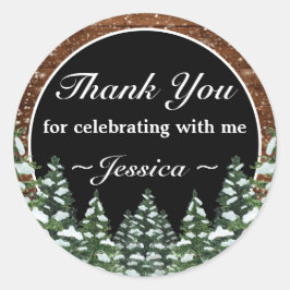 Black Snowy Wood Forest Pine Geburtstag Vielen Dan Runder Aufkleber