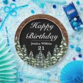Black Snowy Wood & Forest Pine Happy Birthday Pappteller (Party)