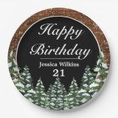 Black Snowy Wood & Forest Pine Happy Birthday Pappteller (Vorderseite)