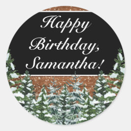 Black Snowy Wood & Forest Pine Happy Birthday Runder Aufkleber