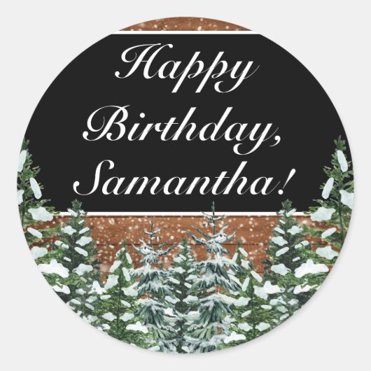 Black Snowy Wood & Forest Pine Happy Birthday Runder Aufkleber (Vorderseite)