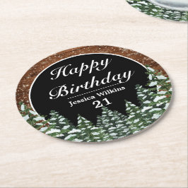 Black Snowy Wood & Forest Pine Happy Birthday Runder Pappuntersetzer