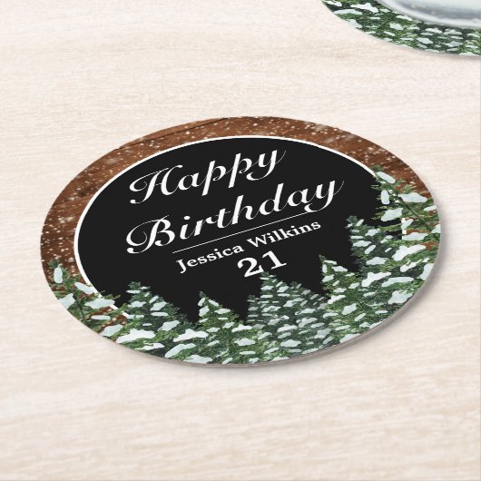 Black Snowy Wood & Forest Pine Happy Birthday Runder Pappuntersetzer (Angewinkelt)