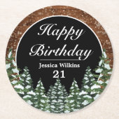 Black Snowy Wood & Forest Pine Happy Birthday Runder Pappuntersetzer (Vorderseite)