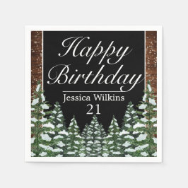 Black Snowy Wood & Forest Pine Happy Birthday Serviette