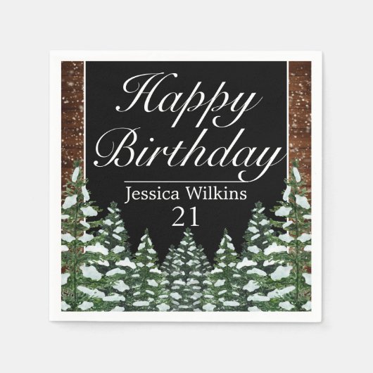 Black Snowy Wood & Forest Pine Happy Birthday Serviette (Vorderseite)