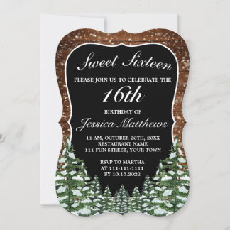Black Snowy Wood & Forest Pine Tiara Sweet 16 Einladung