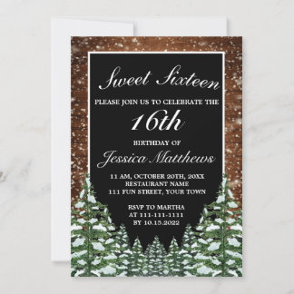 Black Snowy Wood & Forest Pine Tiara Sweet 16 Einladung
