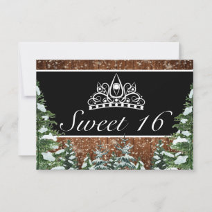 Black Snowy Wood & Forest Pine Tiara Sweet 16 RSVP Karte