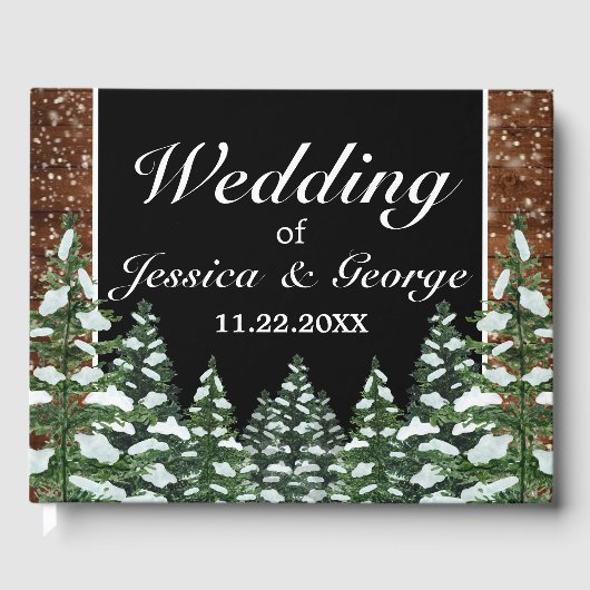 Black Snowy Wood & Forest Pine Wedding Gästebuch (Vorderseite)