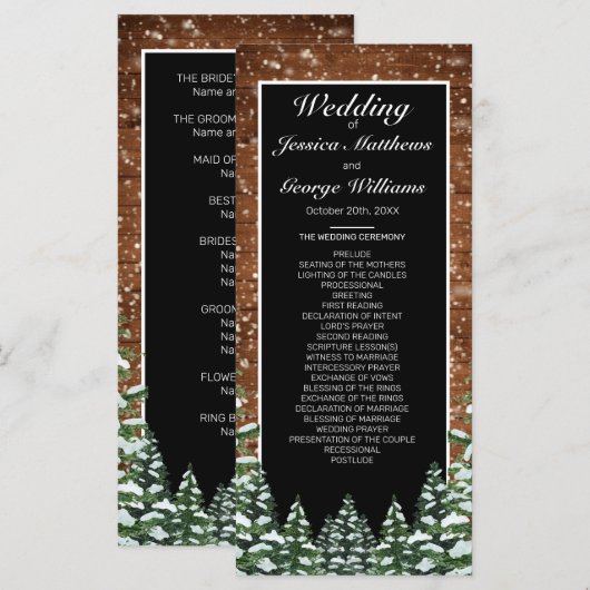 Black Snowy Wood & Forest Pine Wedding Programm (Vorne/Hinten)
