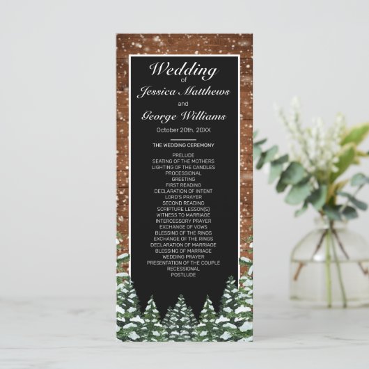 Black Snowy Wood & Forest Pine Wedding Programm (Stehend Vorderseite)
