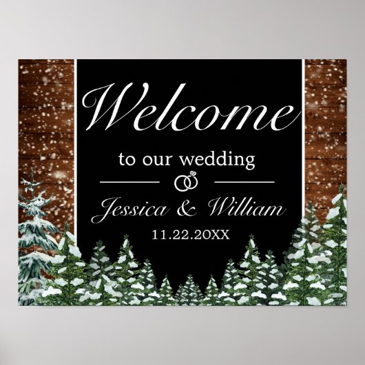 Black Snowy Wood & Forest Wedding Willkommenszeich Poster (Vorne)