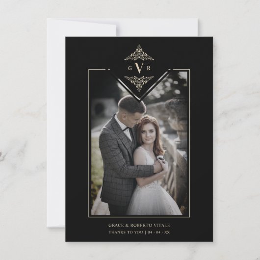 Black Sophisticate Flourish Chic Golden Initials Dankeskarte (Vorderseite)