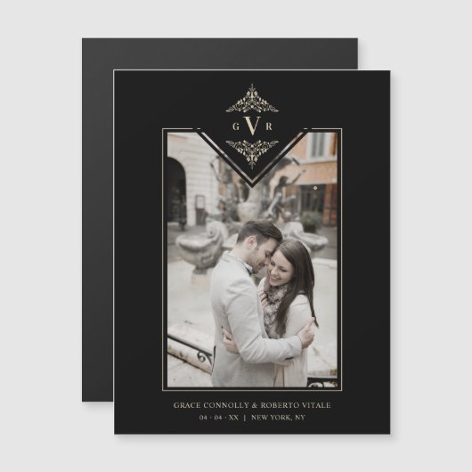 Black Sophisticate Flourish Chic Golden Initials Magnetkarte (Vorne/Hinten)