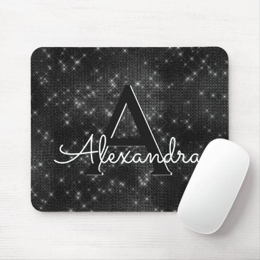 Black Sparkle Girly Monogram Name Mousepad (Mit Mouse)
