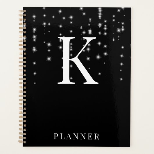 Black Sparkle Modern Glam Monogram Planer (Vorderseite)