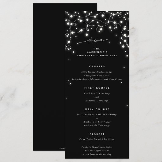 Black Sparkling Lights Weihnachtsflat 4 Course Menükarte (Vorne/Hinten)