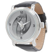 Black Spiral, DIY Name White & Blk Kontur, Grau Armbanduhr (Schrägansicht)