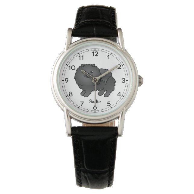 Black Spitz Niedlich Cartoon Dog & Name Armbanduhr (Vorderseite)