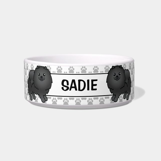 Black Spitz Niedlich Cartoon Dog & Name Napf (Vorderseite)