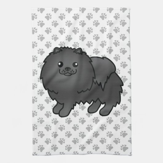 Black Spitz Niedlich Cartoon Dog & Paws Geschirrtuch (Vertikal)