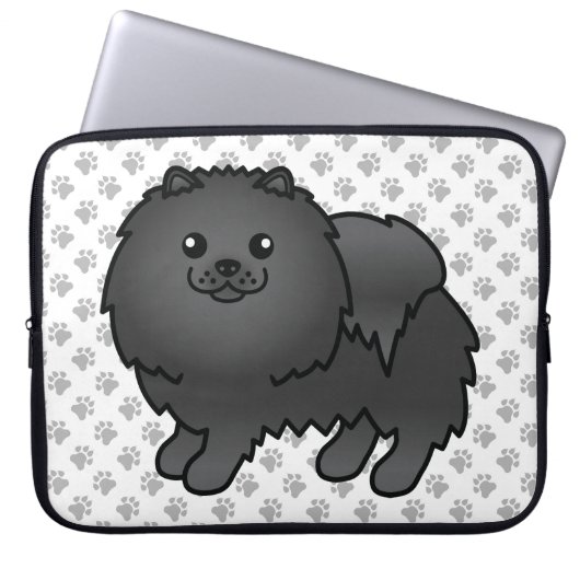 Black Spitz Niedlich Cartoon Dog & Paws Laptopschutzhülle (Vorderseite)