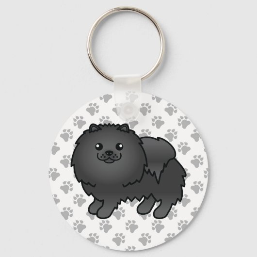 Black Spitz Niedlich Cartoon Dog & Paws Schlüsselanhänger (Vorderseite)