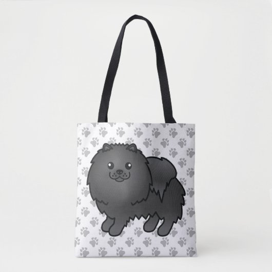 Black Spitz Niedlich Cartoon Dog & Paws Tasche (Vorderseite)