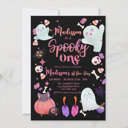 Black Spooky One Halloween Ghost 1. Geburtstag Einladung (Vorderseite)