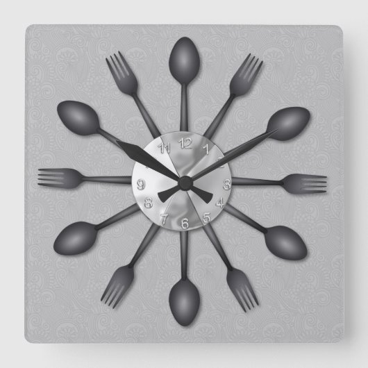 Black Spoons and Forks Wall Clock Quadratische Wanduhr (Vorderseite)