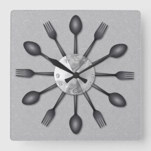 Black Spoons and Forks Wall Clock Quadratische Wanduhr