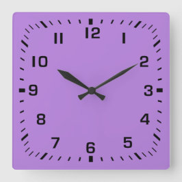 Black Square Number Faceplate auf Lavender Lila Quadratische Wanduhr