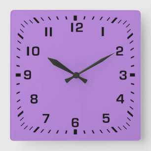 Black Square Number Faceplate auf Lavender Lila Quadratische Wanduhr