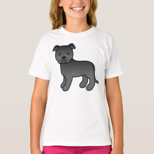 Black Staffordshire Bull Terrier Cartoon Dog T-Shirt