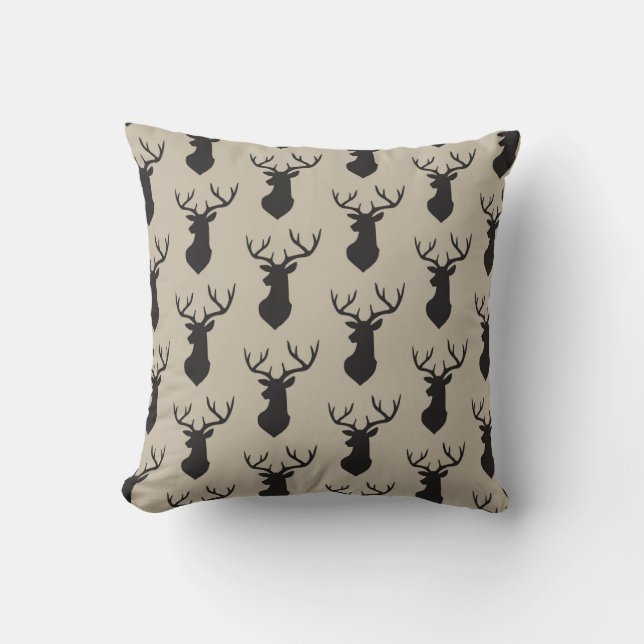 Black Stag Kopf Silhouette Taupe Kissen (Vorderseite)
