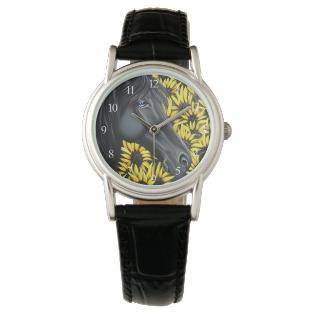Black Stallion Pferd und Sonnenblumen Armbanduhr (Vorderseite)